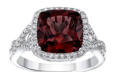 Garnet And Diamond Cushion Halo Ring With Twine Split Shank In 14k White Gold