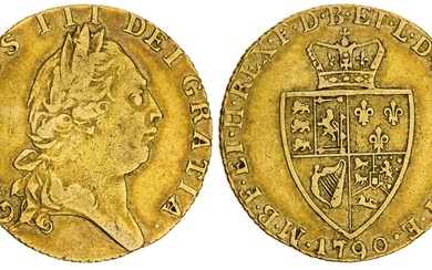 George III (1760-1820), 'Spade' Guinea, 1790, 'Small 90', fifth laureate head right, rev. crown...