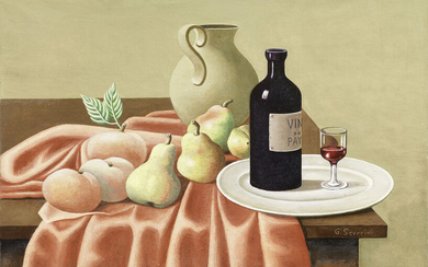 Gino Severini, Nature morte (Natura morta con bottiglia di vino, brocca e pere), 1920