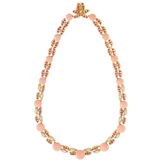Gold, Platinum, Angel Skin Coral, Ruby and Diamond Necklace, France, Possibly by Cartier