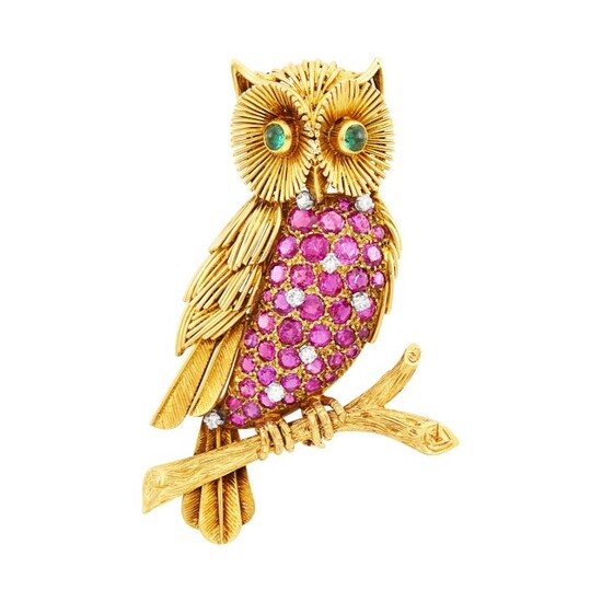 Gold, Ruby and Diamond Owl Clip-Brooch, France