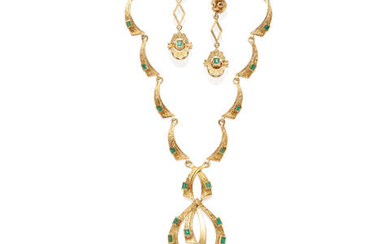 Gold and Emerald Necklace and Pendant Earring Set