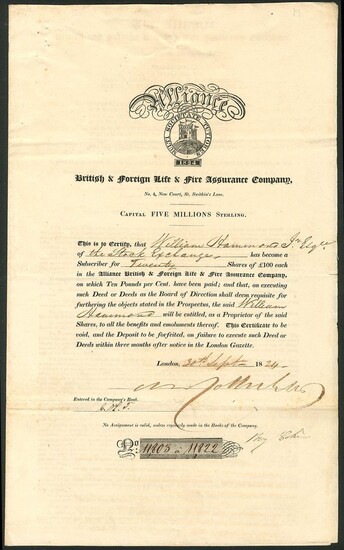 Great Britain: Alliance British & Foreign Life & Fire Assurance Company, certificate for [20] s...