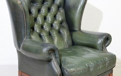 Green Leather Chesterfield Wing Chair - Straight Legs