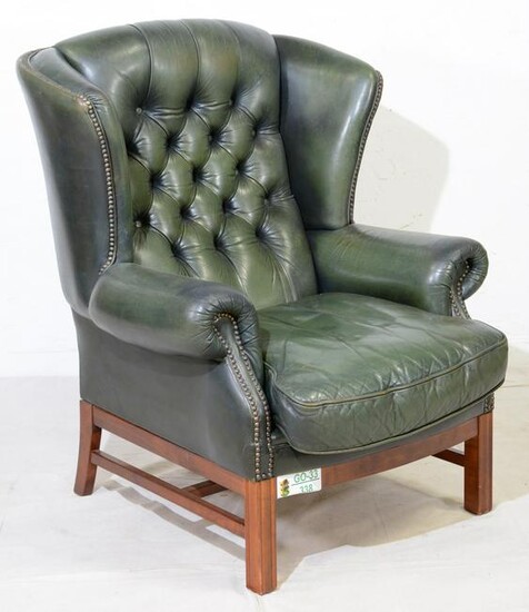 Green Leather Chesterfield Wing Chair - Straight Legs
