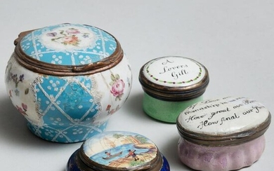 Group of Four Staffordshire Enamel Snuff Boxes