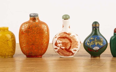 Group of seven snuff bottles Chinese including porcelain, cloisonne, malachite,...
