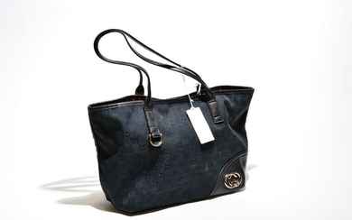 Gucci Britt Tote PM in Black Leather Monogrammed Canvas