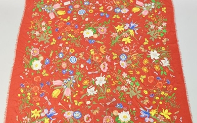 Gucci wool/silk shawl or scarf, red with floral print