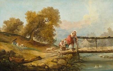 HUBERT ROBERT(1733 Paris 1808)Paysage avec bergère. Huile sur toile. 43 × 62,5 cm. Provenance :-...