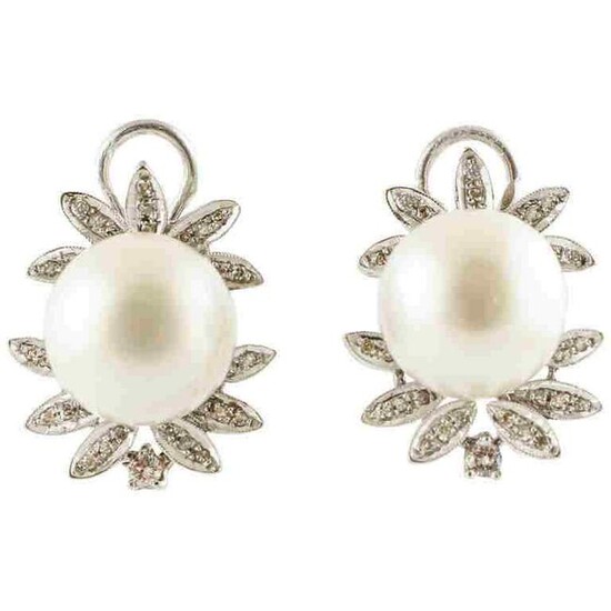 Handcrafted Clip-On Earrings Diamonds, White Pearls, 14