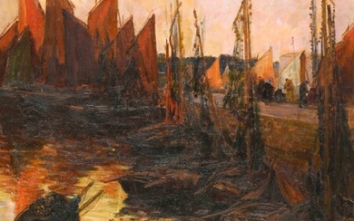 Henri BARNOIN (1882-1940) "Au port, barques sardinières soleil couchant" hst sbg 61x50