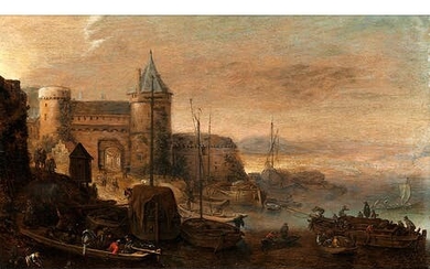 Herman Saftleven, 1609 Rotterdam – 1685 Utrecht, zug., HAFENFESTUNG AN EINEM BUCHTUFER MIT ZAHLREICHEN SCHIFFEN UND REICHER FIGURENSTAFFAGE