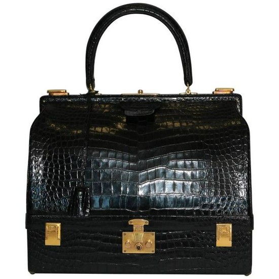 Hermes Shiny Black Crocodile Sac Mallet Bag with Gold