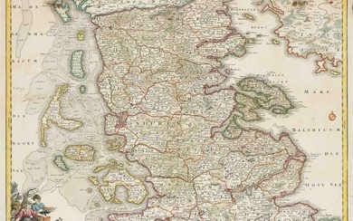 Historical map of Schleswig-Holstein, ''Ducatus Slevicensis...'', part col. Engraving by Homann in