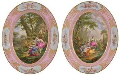 Important pair of Worcester Flight-Barr and Barr porcelain large oval plaques done in the French old