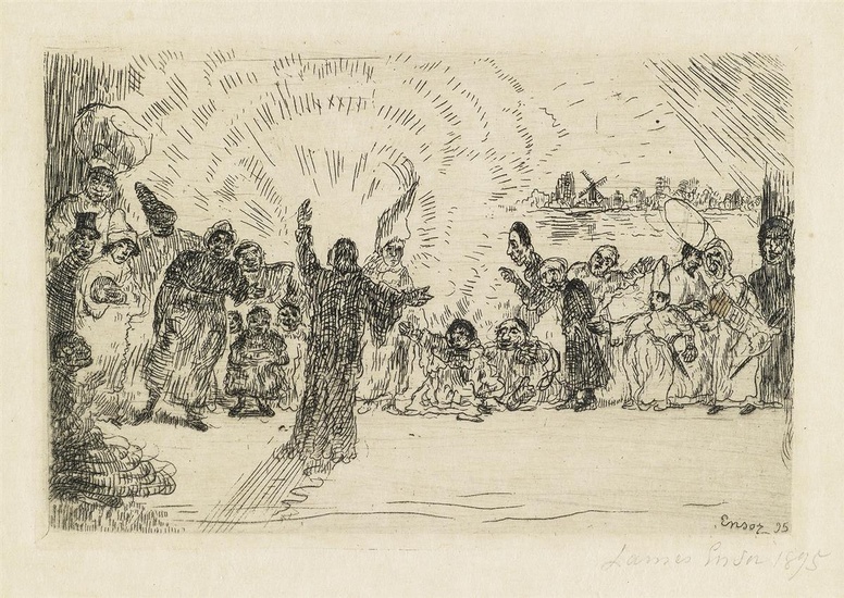 JAMES ENSOR Le Christ aux Mendiants. Etching on imitation Japan paper, 1895. 93x140...