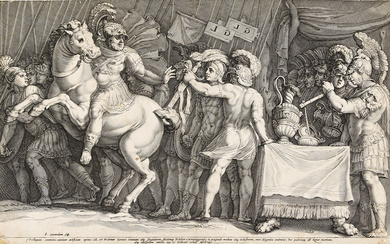 JAN SAENREDAM The Arrival of Furius Camillus. Engraving, circa 1595. 350x563 mm; 14x22...