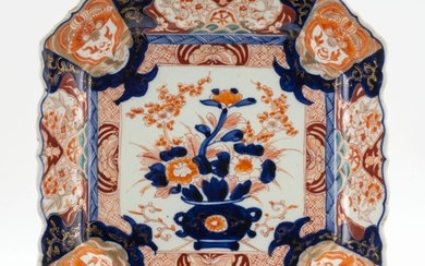 JAPANESE IMARI PORCELAIN SERVING DISH Square, with decoration of a flower basket at center. 12" x 12".