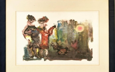 JAROSLAV ZETEK (1929-1982) 'Figures and Dog' watercolour, 32cm x...