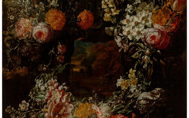 Jacob Melchior van Herck (active 1691-1735), A still life with a floral cartouche surrounding a landscape