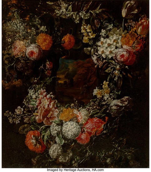 Jacob Melchior van Herck (active 1691-1735), A still life with a floral cartouche surrounding a landscape