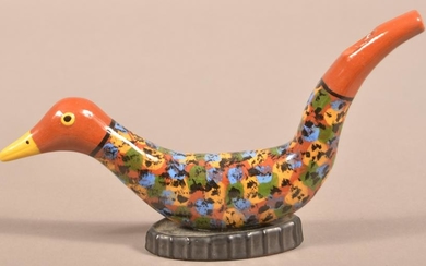 James Seagreaves Glazed Redware Bird-Form Whistle.