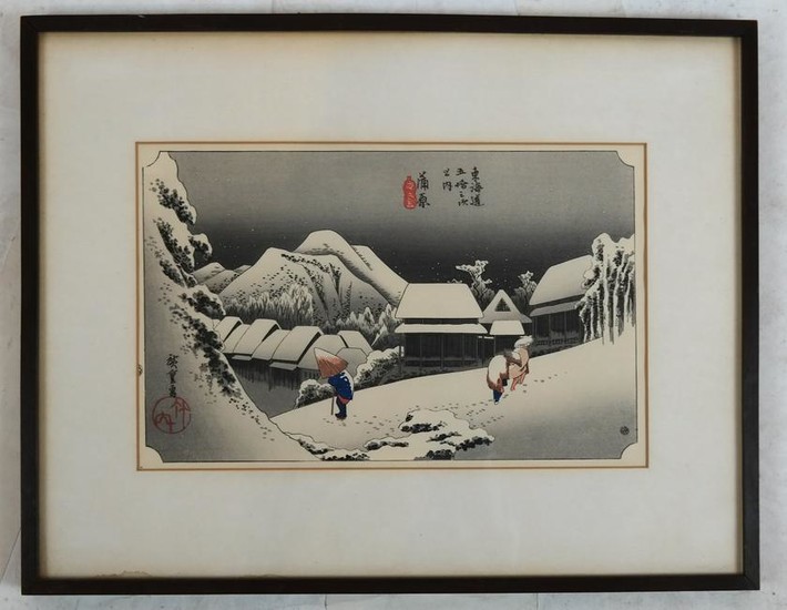 Japanese Print: Figures in a Snowy Village