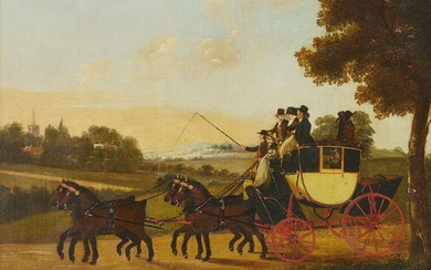 John Cordrey, British c.1765-1825- A coach and four in an landscape at dusk, a town beyond; oil on panel, signed (lower left), 32.6 x 41.7 cm. Provenance: Anon. sale, Christie's South Kensington, 10 June 2004, lot 114. Note: Very little is known...