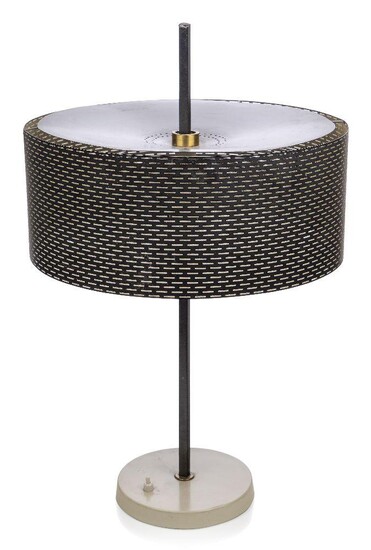 John & Sylvia Reid (British), a desk lamp for Rotaflex Lighting Ltd, c.1956, A scarce model, the adjustable perforated shade on steel, square-section stand with white circular base, 64cm high Property of a Private Collection.
