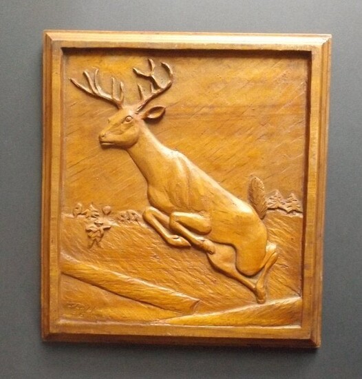 Jumping Deer wood carved relief 1936 signed Folk Art