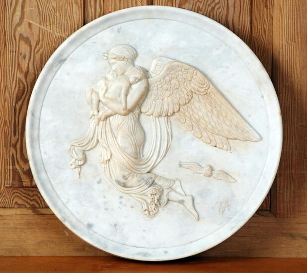 LARGE CARVED MARBLE PLAQUE WITH ANGEL AND PUTTIS