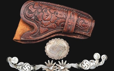 LOT OF 3: HOLSTER, PAIR OF SPURS AND CONCHO WITH NAVAJO ROLLING LOG SYMBOL.