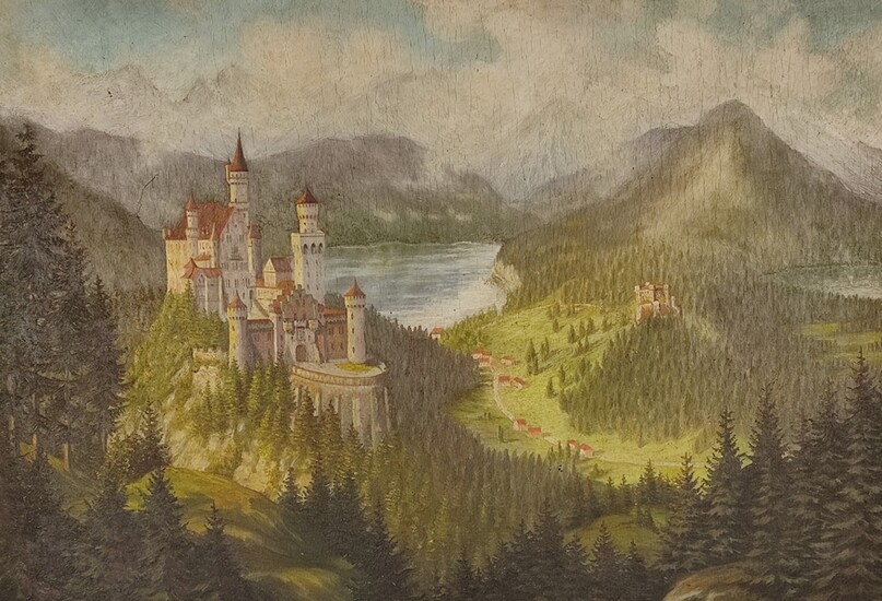 Landscape painter (20th century) "View of Neuschwanstein Castle from the Marienbrücke", in the back