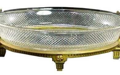 Large Antique French dore bronze Oval Crystal Glass Centerpiece Bowl