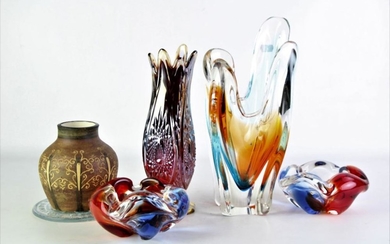 Large Artglass Vases (2) Together with A Pair of Ashtrays, A Plaque and Garrett Pottery Vase