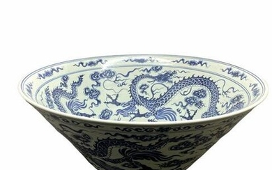 Large Chinese White and Blue Porcelain Dragon Bowl