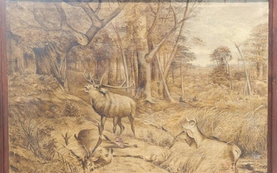 Large Oil on Canvas Painting, Deer Scene