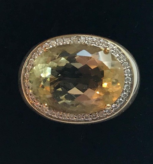 Large gents 18ct yellow gold citrine and diamond ring, size ...