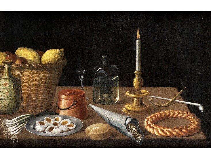 Lombardischer Maler des 17. Jahrhunderts, STILLLEBEN MIT GLÄSERN, LEUCHTERN, FRÜCHTEN UND EIERN