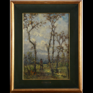 Lorenzo Gignous ( Modena 1862 - Porto Ceresio 1958 ) , "Il cacciatore" olio su tela applicata a tavola (cm 48x34) In cornice