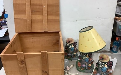 Lot of Fiji graphics lamps/statues, and wooden crate(tallest 10.5in.)