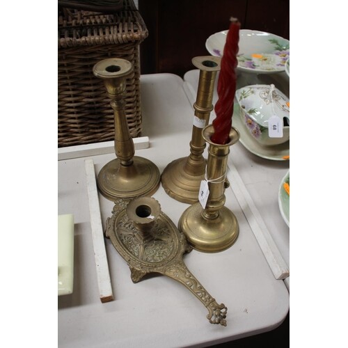 Lot of antique French brass to include brass chamberstick an...