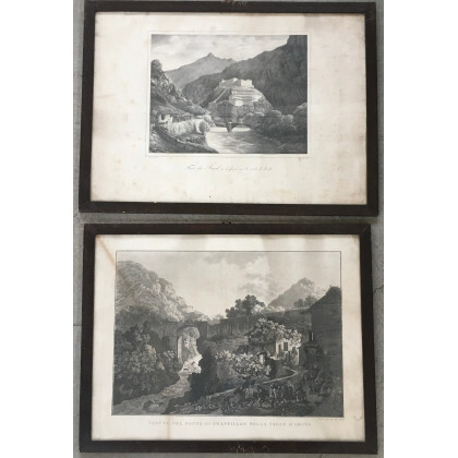 Lotto composto da due litografie del sec. XIX raffiguranti paesaggi della Valle d'Aosta, in cornice (difetti)