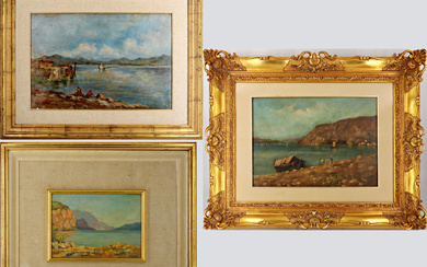 Lotto composto da tre "Paesaggi lacustri" di diversi artisti del secolo XIX, dipinti ad olio su supporti diversi, di diverse…