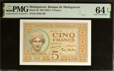 MADAGASCAR. Banque de Madagascar. 5 Francs, ND (1937). P-35. PMG Choice Uncirculated 64 EPQ.