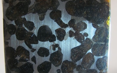 METEORITES. Pallasite du Kenya. Plaque carrée polie. L env 4x4x0.5cm. Env. 24g. Cristaux d’olivine jaune-orangée...
