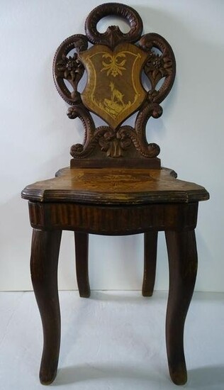 MUSICAL SIDE CHAIR, BLACK FOREST CARVED WITH MARQUETRY INLAY, DIMINITIVE SIZE MISSING WORKS 26 3/4"