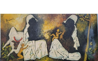 Maqbool Fida Husain 1915-2011 Aanchal (MOTHER SERIES) Oil On Canvas Board W/ COA