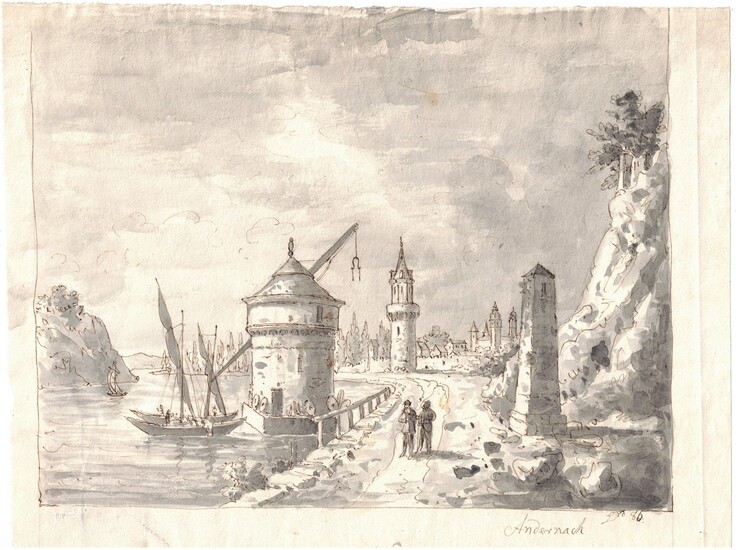 Marina of Andernach , Fin du 18e / 19e siècle Aquarelle à l'encre de Chine...